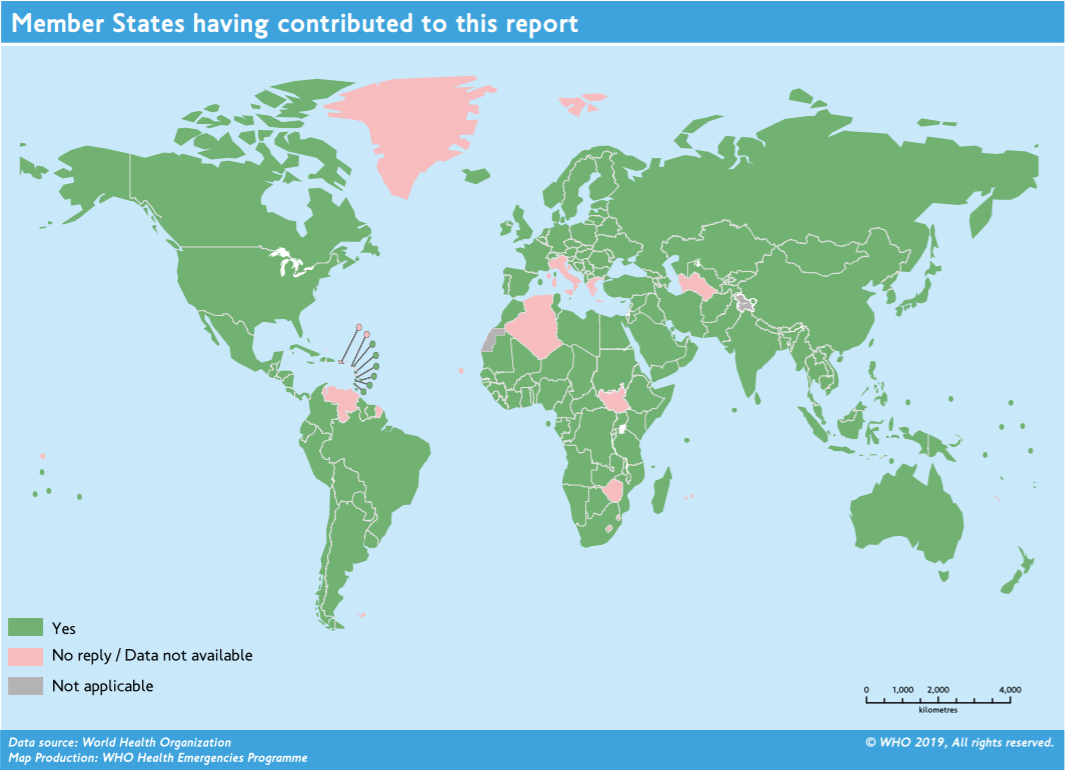 Níže uvedená mapa ukazuje 179 zemí, které k této zprávě přispěly. (who.int)