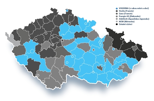 Mapa ČR z pohledu, kdo ovládá peněžní toky z prodeje vody v regionech ČR. (pravdaovode.cz)