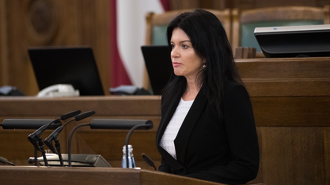 Former Latvian Minister of Social Affairs Ramona Petravičová speaks in the Latvian Parliament